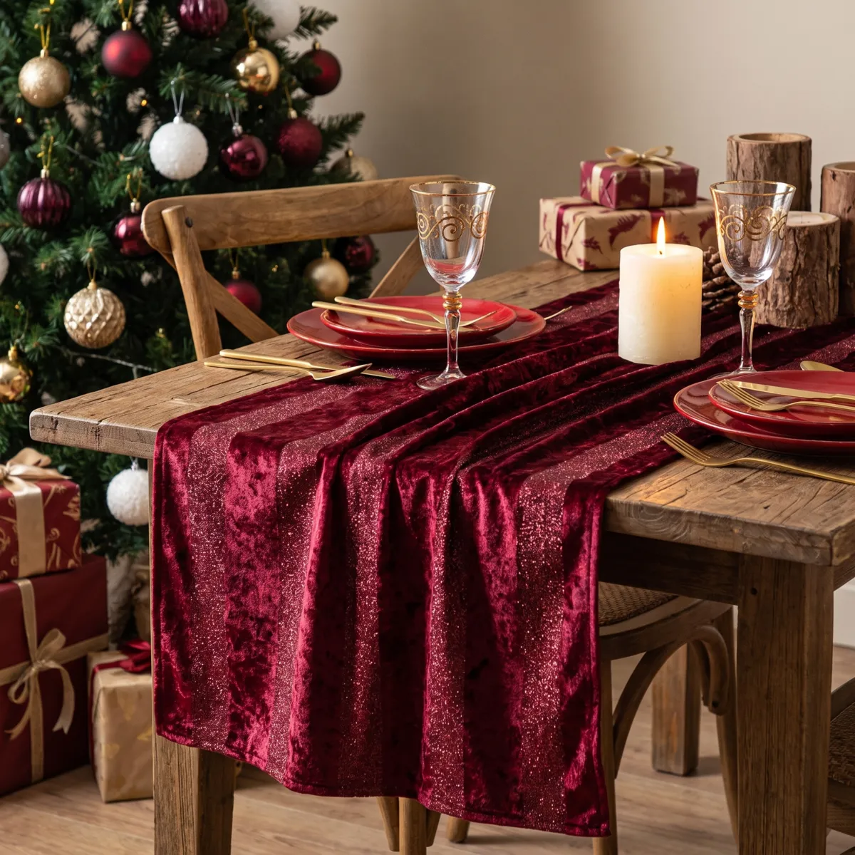 Runner da tavolo Natale (150 x 28 cm) Velluto innevato Bordeaux