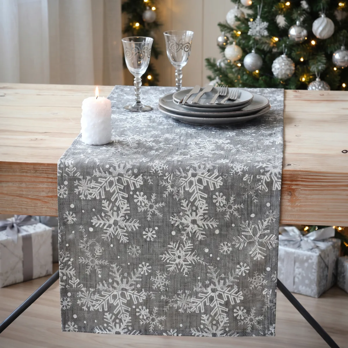 Runner da tavolo Natale (250 x 28 cm) Fiocchi di neve Tortora e argento