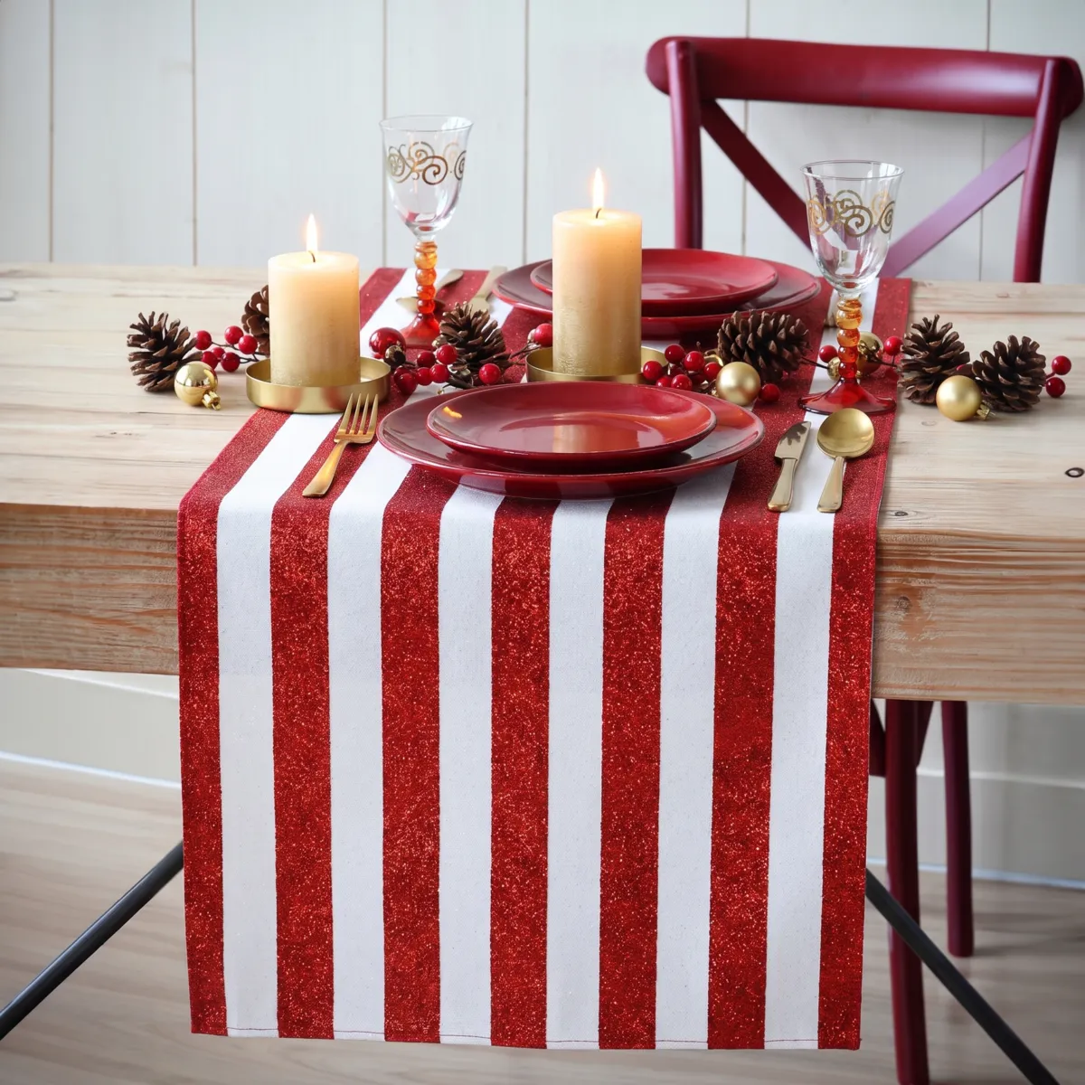 Runner da tavolo addobbi natalizi (250 x 28 cm) Righe Bianco e rosso