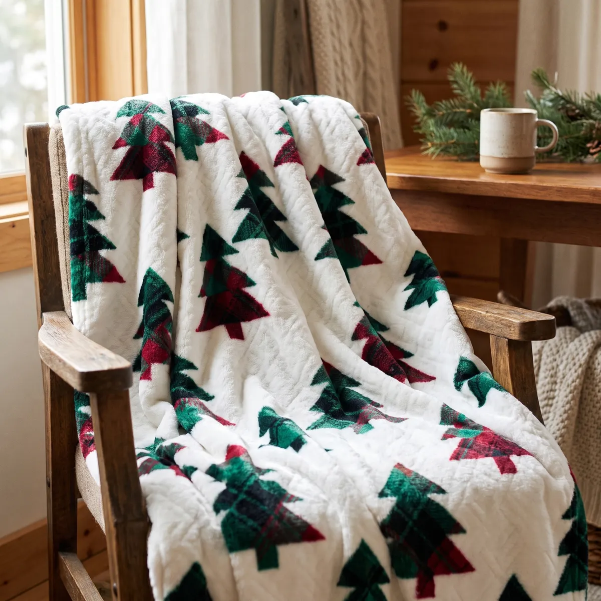 Plaid de Noël en flanelle (130 x 160 cm) Forêt de sapin Blanc et vert