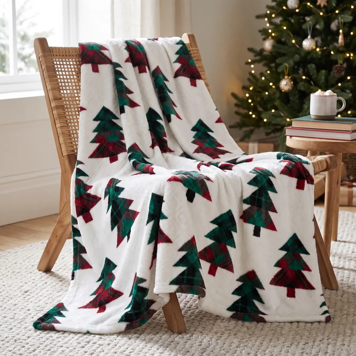 Plaid de Noël en flanelle (130 x 160 cm) Forêt de sapin Blanc et vert