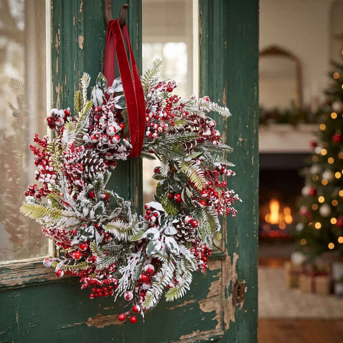 Kerstkrans Berijpt rood D40 cm