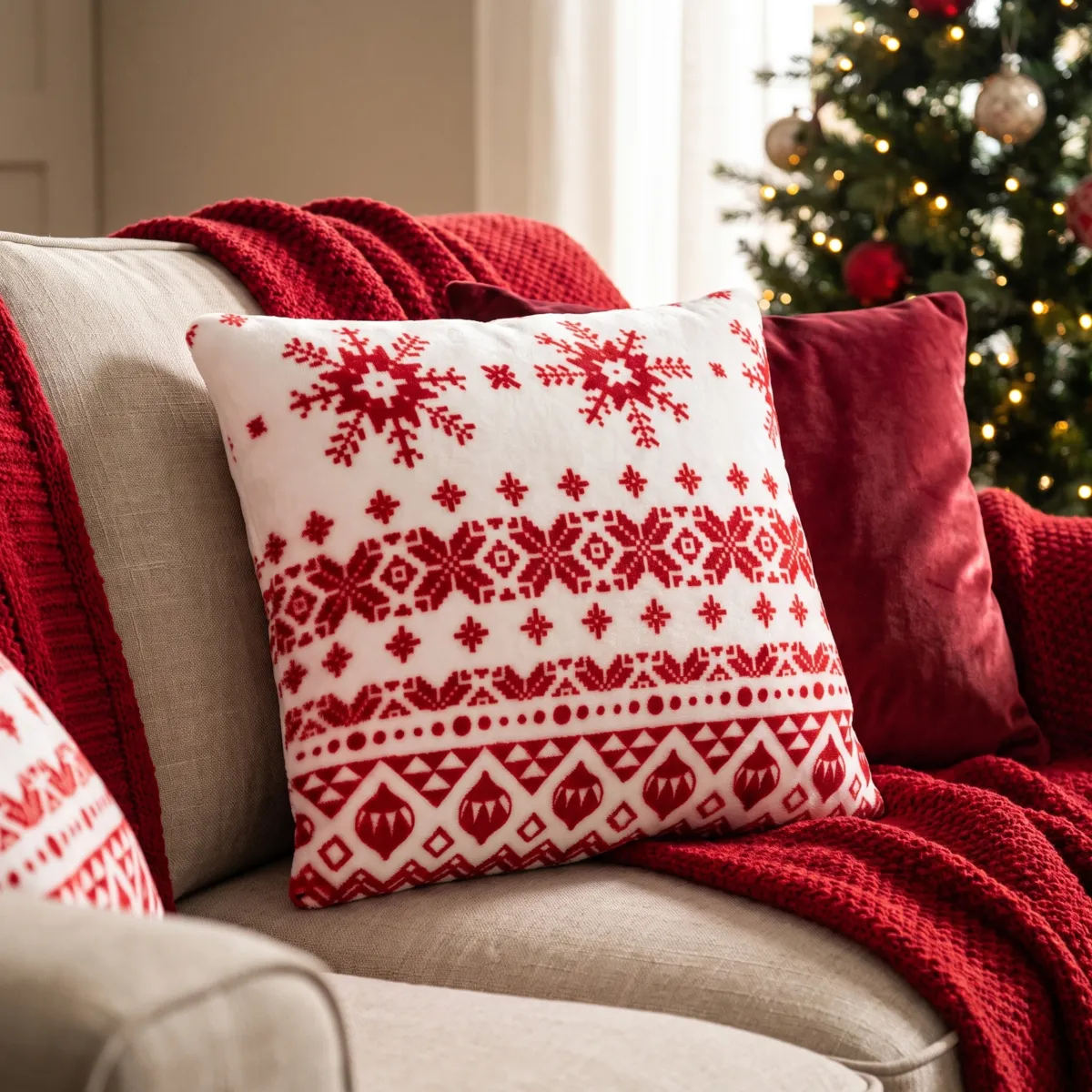 Coussin de Noël carré (40 x 40 cm) Flocons de neige Rouge et blanc