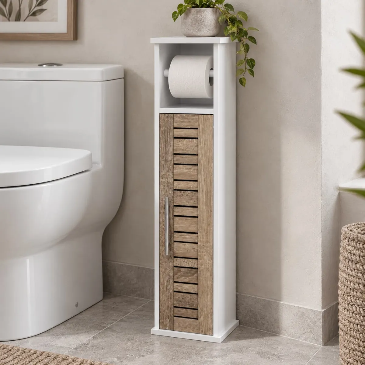 Mobiletto portarolo wc + riserva Stockholm Bianco/Legno 1