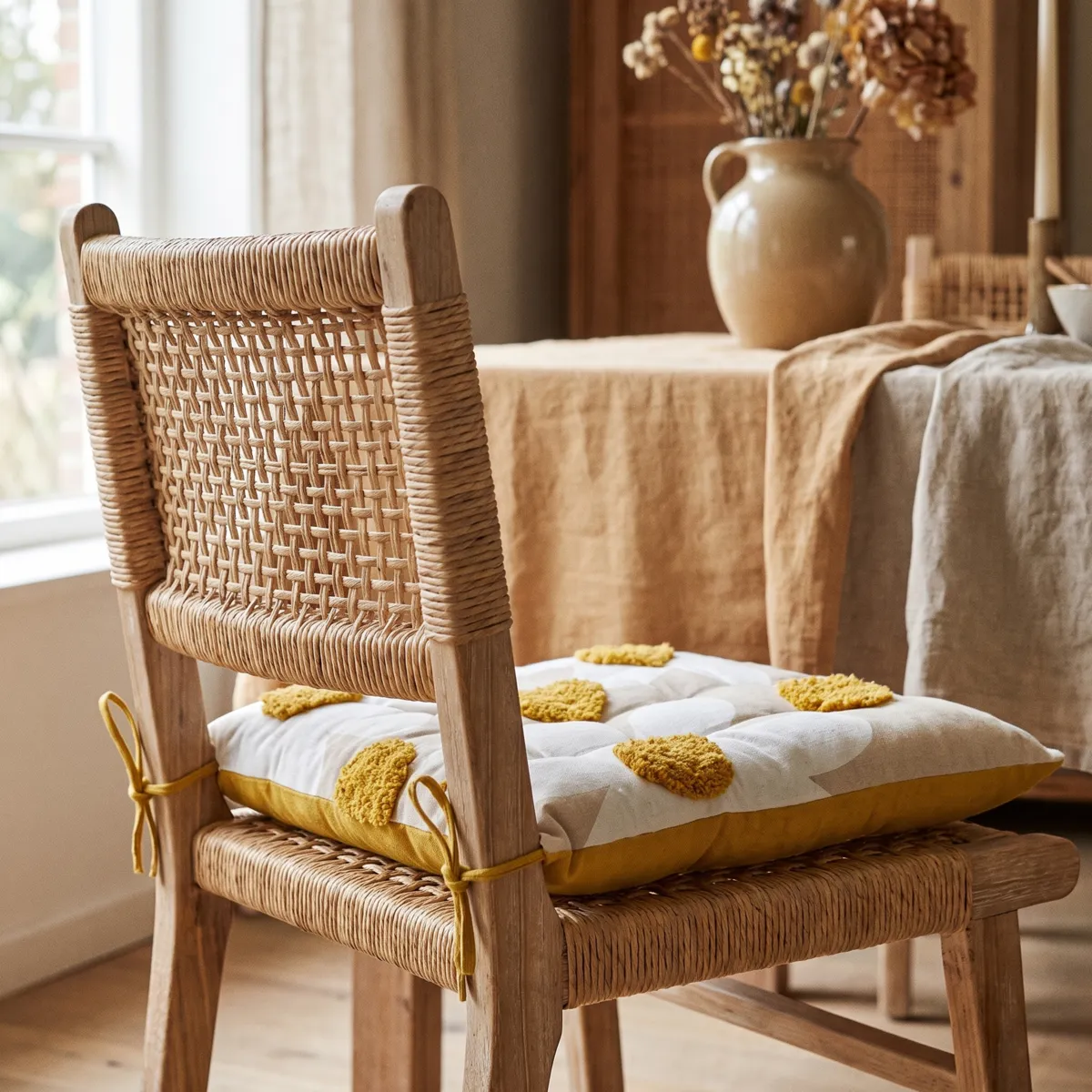 Coussin de chaise carré coton (38 x 38 cm) Camille Jaune moutarde