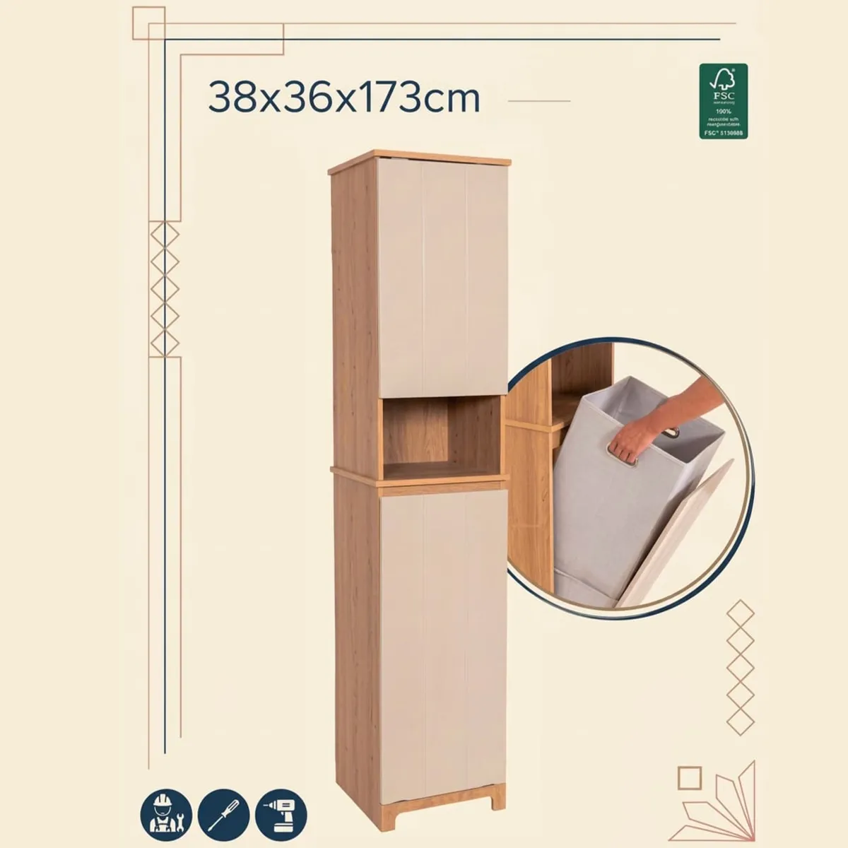 Meuble colonne salle de bain paniere à linge intégrée (173 x 38 cm) Rivoli Naturel