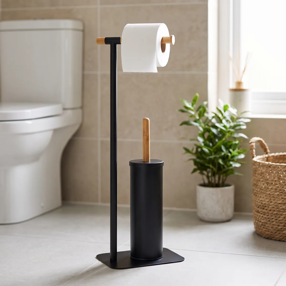 Toiletrulleholder og toiletbørste i sort bambus
