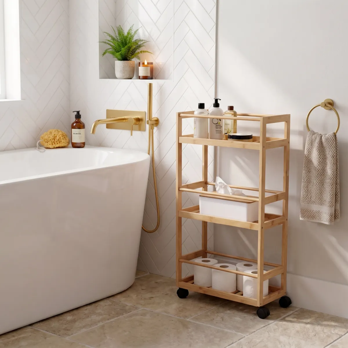 Desserte à roulettes 3 niveaux bambou (H75 cm) Japandi Naturel
