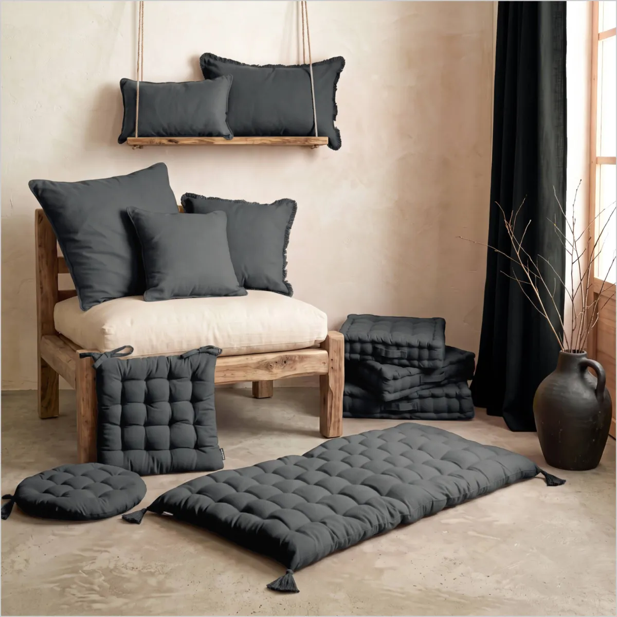 Coussin de chaise rond coton (40 cm) Pixel Gris anthracite