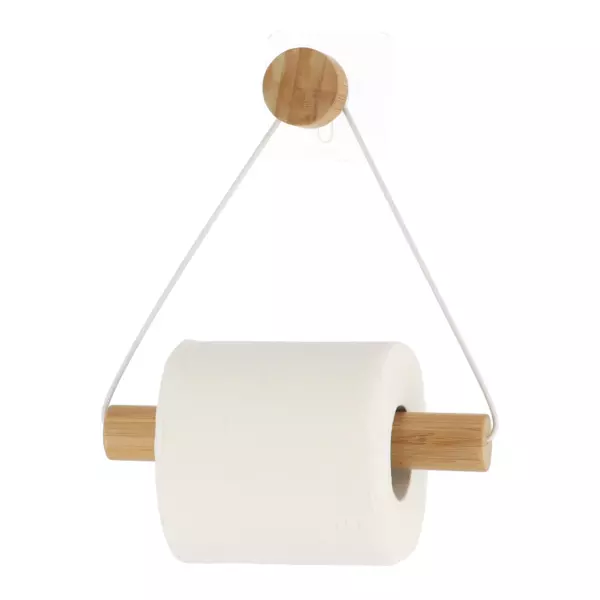 Zelfklevende toiletpapierhouder van metaal en bamboe Easy Chic Wit