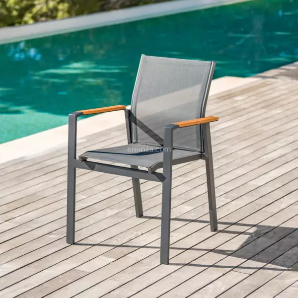 Fauteuil de jardin aluminium et bois teck empilable Bali Gris anthracite