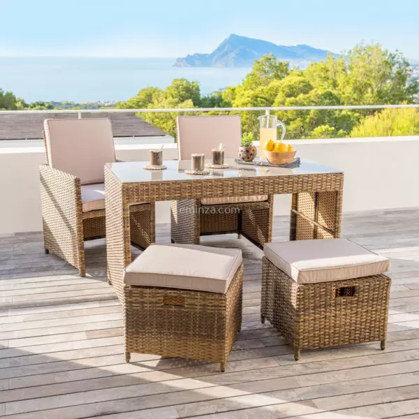 Conjunto de jard�n apilable de resina trenzada 4 plazas Menorca S�pia y beige