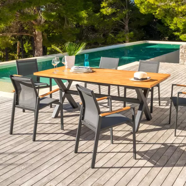 Table de jardin en aluminium et bois teck 8 places (200 x 100 cm) Bali Gris anthracite