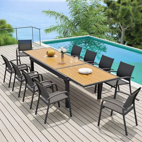 Table de jardin extensible en aluminium 12 places (200/320 x 100 cm) Murano Gris anthracite et effet bois