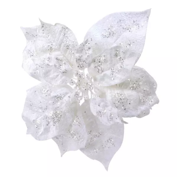 Poinsettia de No�l paillet�e sur clip (D16 cm) Glit Blanc