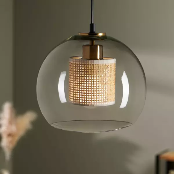 Suspension lumineuse en verre et cannage (D25 cm) Luc�a Beige
