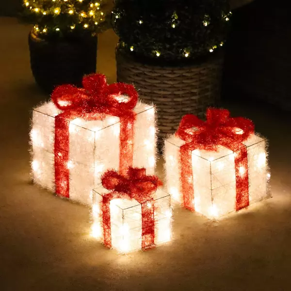 Set van 3 cadeaus met  lint rood (batterij) verlicht Warm wit 65 LED