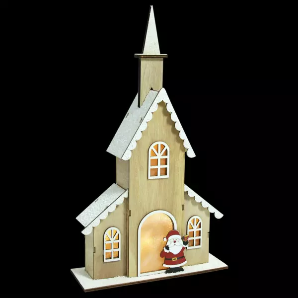 Lysende kirke med batteri (H40 cm) Varm hvid julemand
