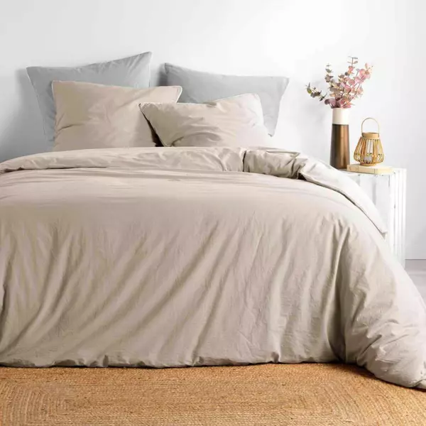 Housse de couette et deux taies coton lav� (240 x 220 cm) Linette Beige