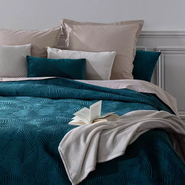 Copriletto (260 x 240 cm) Foglie Blu ottanio