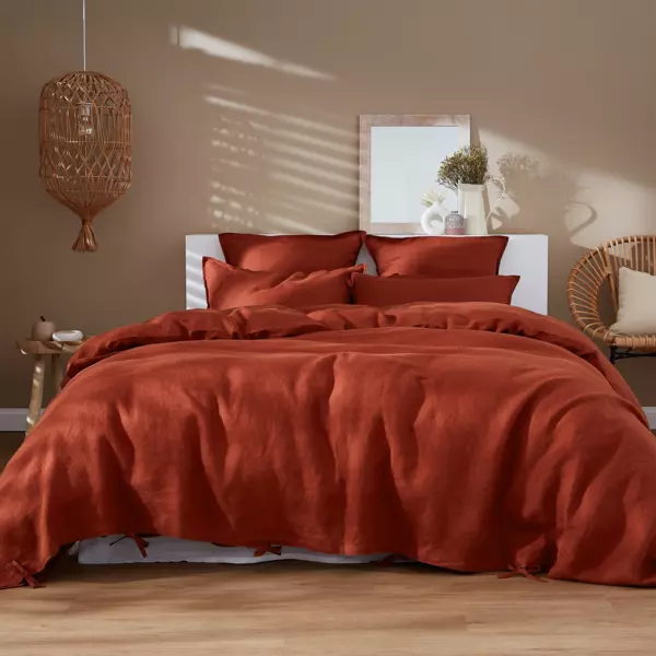 Vasket linned dynebetr�k (260 x 240 cm) Louise Terracotta