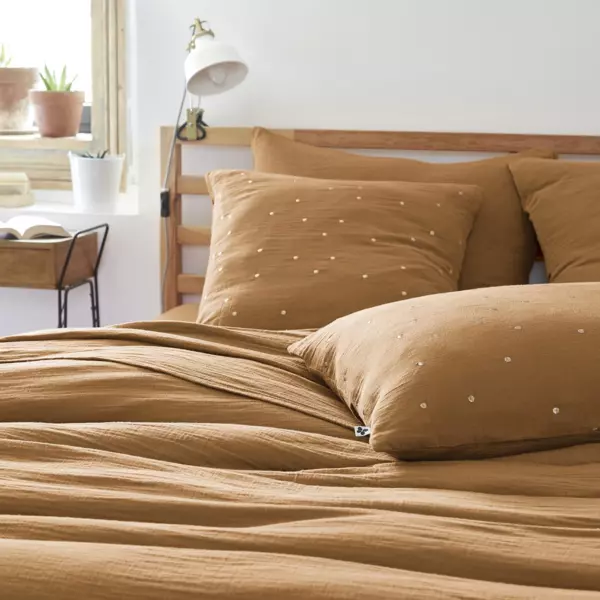 Taie d'oreiller carr�e gaze de coton (60 x 60 cm) Ga�a Chic Camel