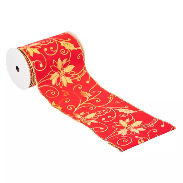 Guirlande de No�l ruban (5 m) Poinsettia Rouge et dor�