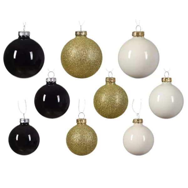 Lot de 21 boules de No�l (D70 mm) Cristal en verre Blanc laine, or et noir