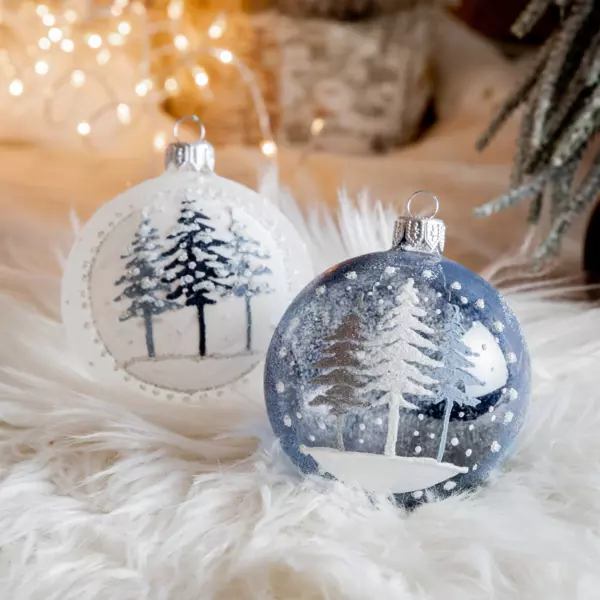 Lot de 6 boules de No�l (D80 mm) en verre For�t de sapins  Bleu
