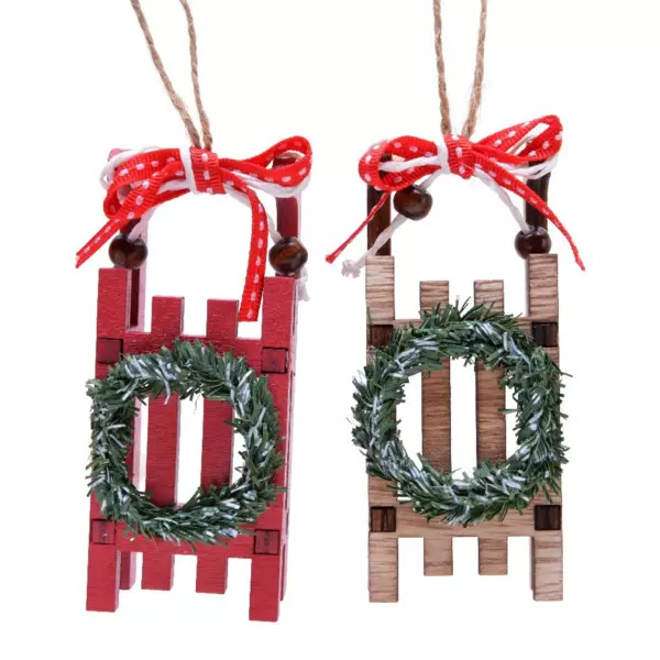 Set van 2 glazen hangdecoratie Sleetjes met kerstkrans rood