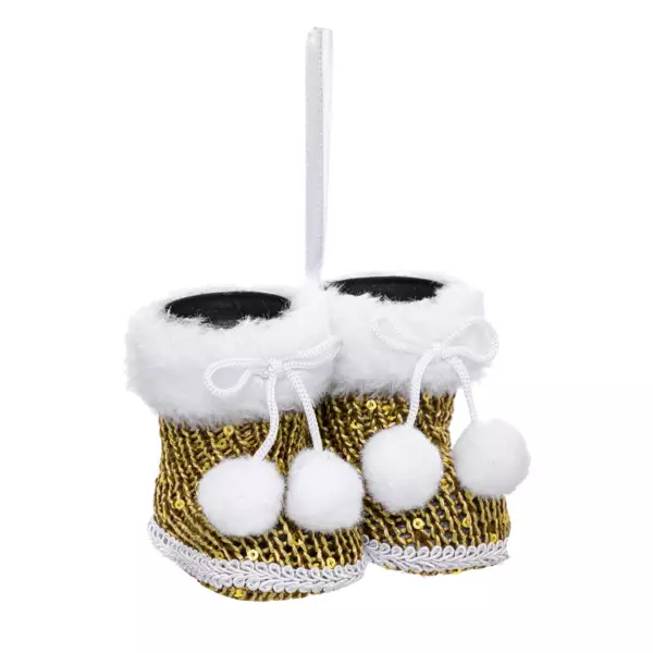 Paire de bottes de No�l � suspendre (H9 cm) Pompons Or