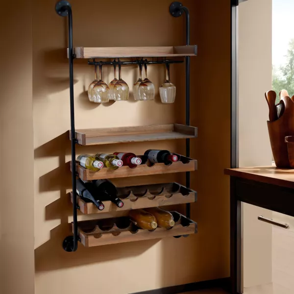 Meuble range-bouteilles mural bois et métal 18 emplacements et porte-verres (H120 cm) Isaac Marron