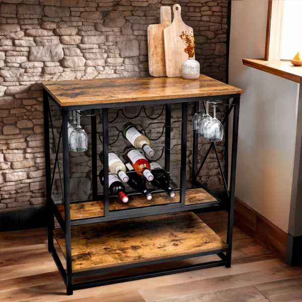 Meuble range-bouteilles industriel 12 emplacements et porte-verres (H86 cm) Louis Marron