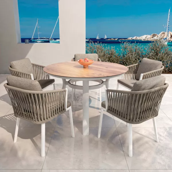 Table de jardin ronde en aluminium 6 places (D120 cm) Amalfi Blanc et bois