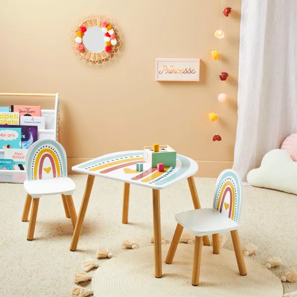 Tafel en 2 stolen hout Arc en ciel Meerkleurig