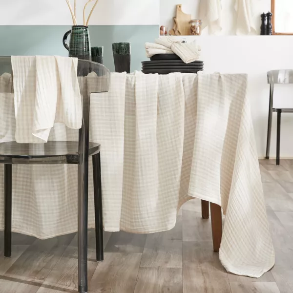 Nappe rectangulaire gaze de coton (150 x 350 cm) Ga�a vichy Beige