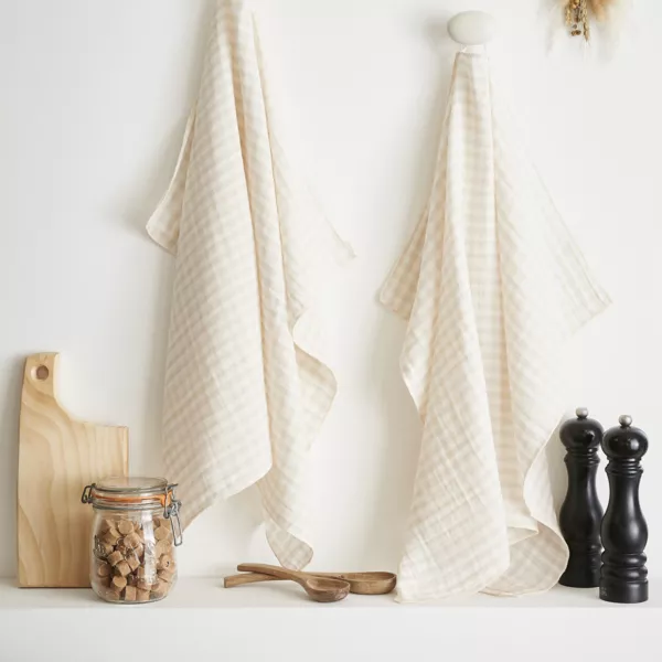 S�t med 2 bomuldsgas h�ndkl�der (50 x 70 cm) Ga�a vichy Beige