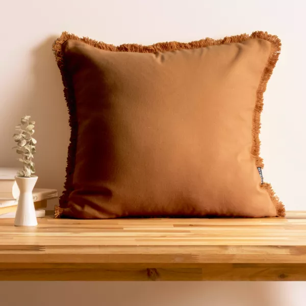 Coussin carr� coton (45 x 45 cm) Pixel franges Camel