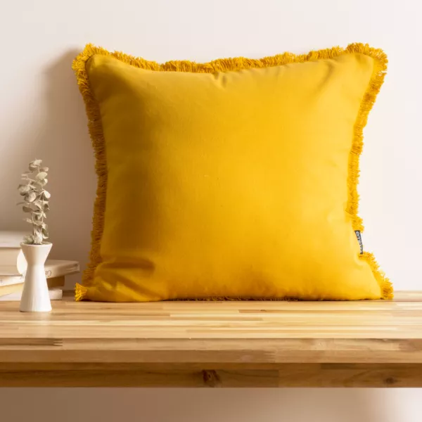 Cuscino quadrato in cotone (45 x 45 cm) Pixel con frange Giallo senape