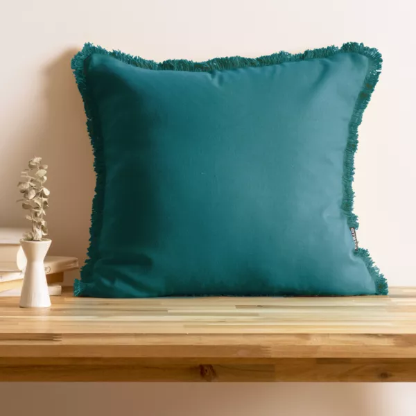 Coussin carr� coton (45 x 45 cm) Pixel franges Bleu canard