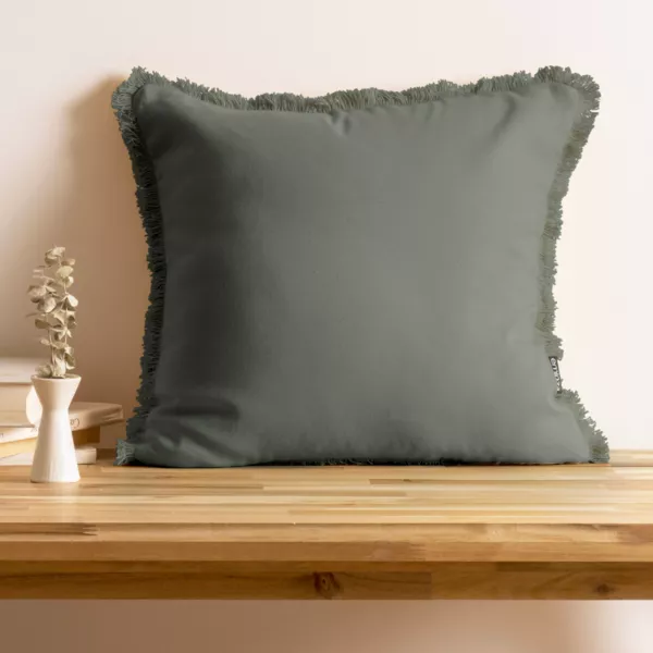 Coussin carr� coton (45 x 45 cm) Pixel franges Vert kaki