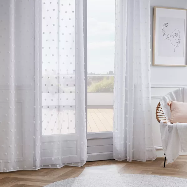Tenda trasparente con occhielli pon pon (140 x 280 cm) Emie Bianco