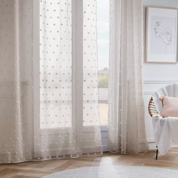Tenda trasparente con occhielli e pon pon (180 x 240 cm) Emie Beige