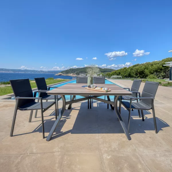 Table de jardin carr�e en aluminium 8 places (136 x 136 cm) Amalfi Gris anthracite et bois