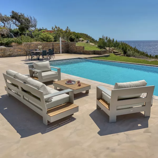 Gartensitzgruppe aus Aluminium und Teakholz 4-tlg Antibes - Cremewei�