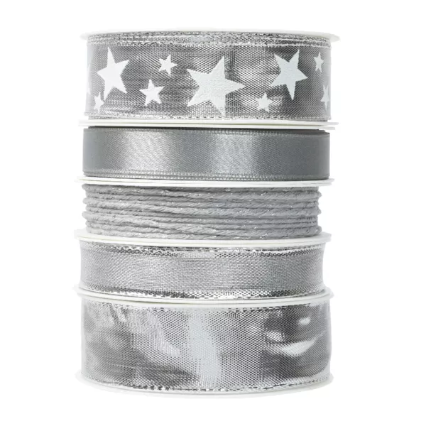 Lote de 5 cintas de Navidad 3 m - Sat�n y estrellas Plateado met�lico