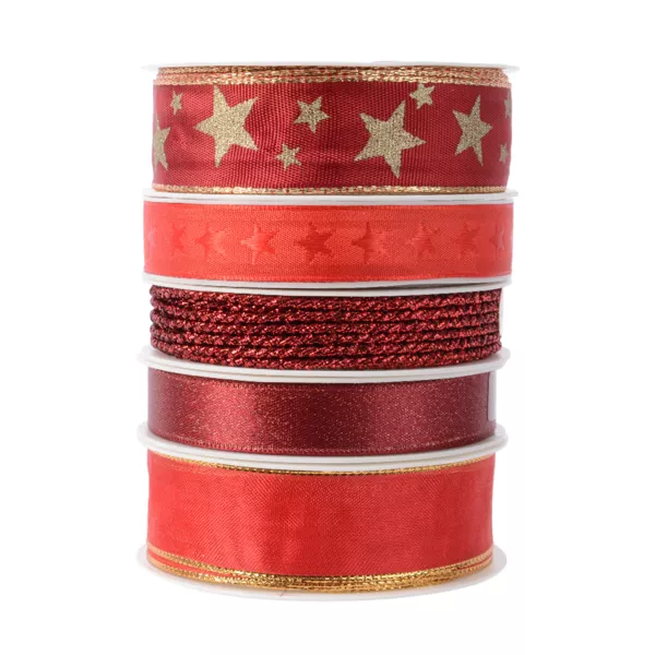 5er Set Geschenkband Weihnachten 3 m - Satin und Sterne Rot