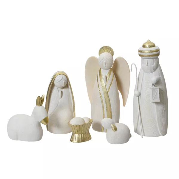 Les 6 santons (Hauteur 22,5 cm) Nuit Sainte Blanc et or