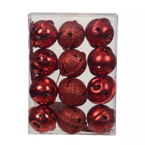 S�t af 12 oph�ngsklokker (D3 cm) Christmas Stars R�d