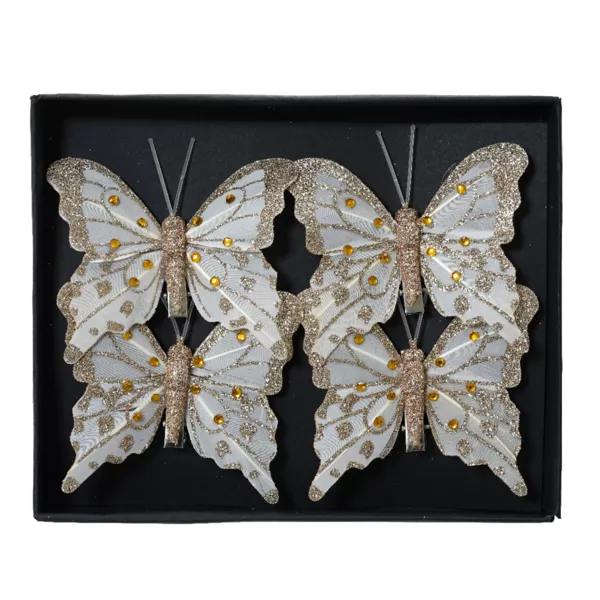Set van 4 vlinders op clip (H8 cm) glinsteringen en gouden parels